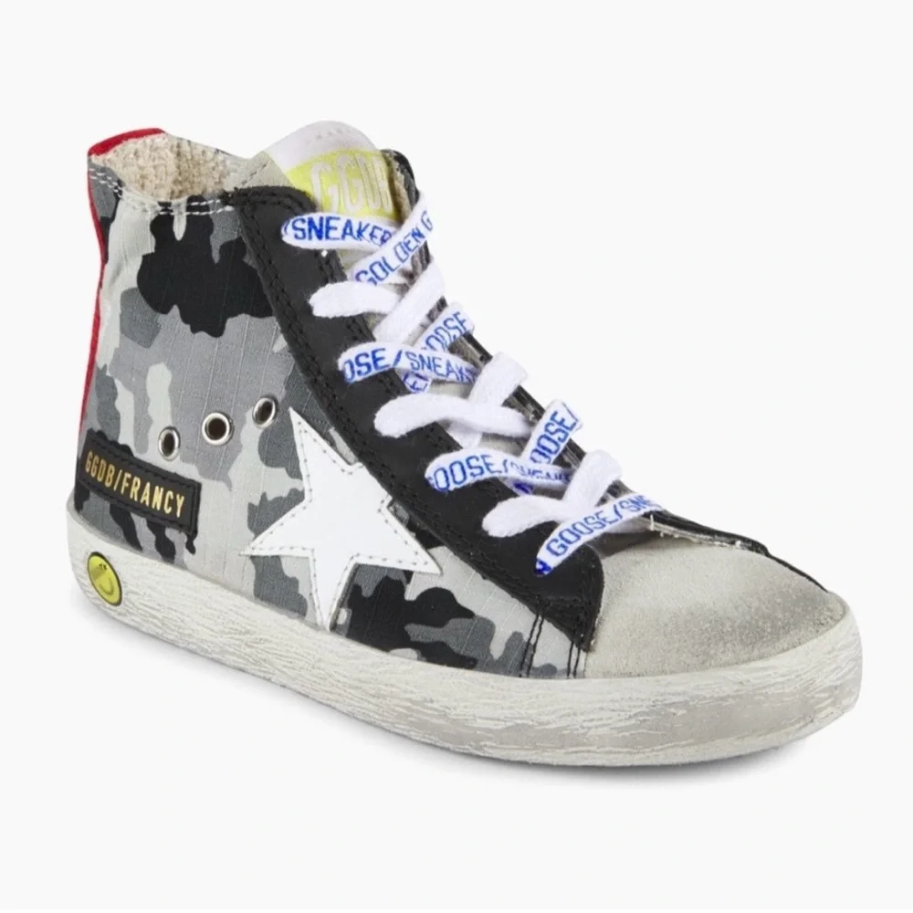 Golden Goose Kids Camo High-Top Sneakers in Black, Gray, White, Yellow